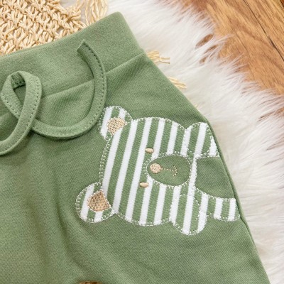 Conj. de Malha 3 peças - Bear Baby Listrado - Verde e Off White